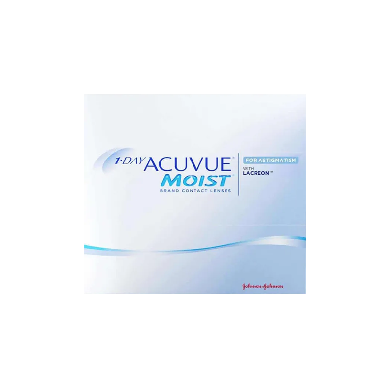 The image depicts a 90-pack of Acuvue 1-Day Moist for Astigmatism contact lenses. Featuring LACREON technology and UV protection, the predominantly white packaging with blue accents includes the Johnson & Johnson logo in red at the bottom right. Ideal for daily disposable lens users seeking comfort and clarity.