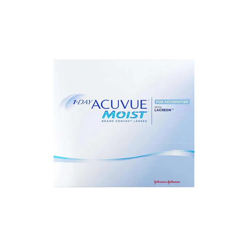 The image depicts a 90-pack of Acuvue 1-Day Moist for Astigmatism contact lenses. Featuring LACREON technology and UV protection, the predominantly white packaging with blue accents includes the Johnson & Johnson logo in red at the bottom right. Ideal for daily disposable lens users seeking comfort and clarity.
