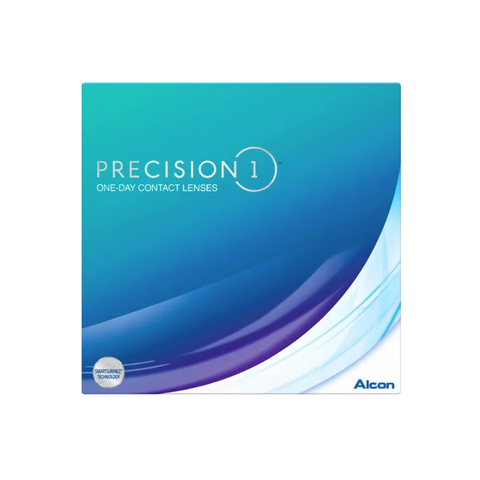 A square box with a teal-to-blue gradient displays PRECISION1 90 Pack in white. The bottom right features the PRECISION1 brand name in blue, while a circular icon highlights SMARTSURFACE Technology, showcasing the innovation of these daily disposable lenses.