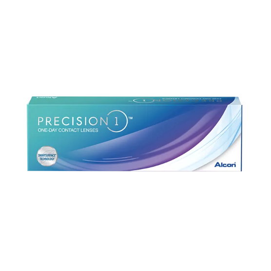 A box of Precision 1 by Alcon (30 pack) daily disposables has a light blue-purple gradient design, highlights SMARTSURFACE® Technology, and displays the Alcon name in the lower right corner.