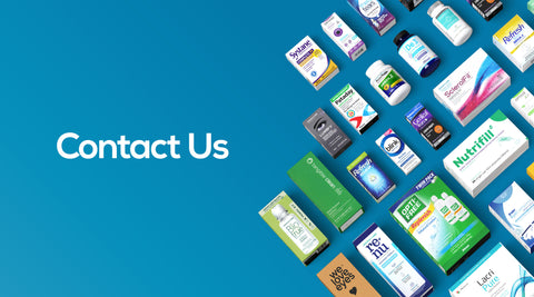 Blue gradient background with Contact Us text on the left. Various health and wellness product packages, like vitamins and supplements, are arranged diagonally on the right.