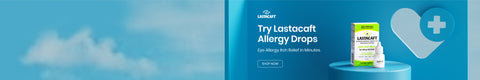 A box and a bottle of Lastcraft Allergy Drops are displayed on a blue pedestal. The backdrop promotes the product, highlighting its use for eye allergy itch relief from dust. A heart with a plus sign is visible in the background.