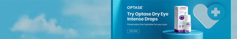 Advertisement featuring Optase Dry Eye Intense Drops placed on a blue background. The box and bottle are displayed prominently. Text encourages trying the drops for hydration and includes a Shop Now button.