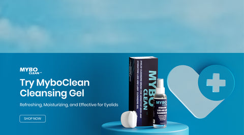 A bottle of MyboClean Cleansing Gel with its packaging is displayed on a blue surface. A white brush is nearby. Text reads, Try MyboClean Cleansing Gel: Refreshing, Moisturizing, and Effective for Eyelids. A heart icon with a cross is in the background.