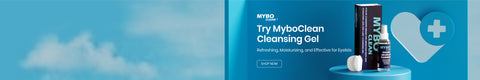 A tube of MyboClean Cleansing Gel is displayed against a blue background. Accompanying text reads, Try MyboClean Cleansing Gel. Refreshing, Moisturizing and Effective for Eyelids. A white eyelid scrubber is also shown.