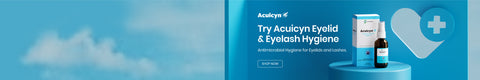Advertisement for Acuicyn Eyelid & Eyelash Hygiene. Features a product bottle and box with a blue background and a medical cross symbol. Acuicyn claims an antimicrobial hygiene solution for eyelids and lashes. Button says Shop Now.