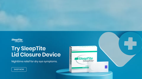 Promotional image for the SleepTite Lid Closure Device. Shows a product box and closure strip on a blue surface, with text promoting nighttime relief for dry eye symptoms. A heart icon with a plus symbol is on the upper right.