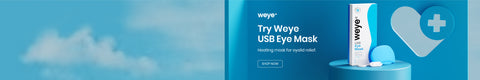 Advertisement for Weye USB Eye Mask in shades of blue. Features the product box and a heart-shaped graphic with a medical cross. Text reads: Try Weye USB Eye Mask and Heating mask for eyelid relief. A Shop Now button is included.