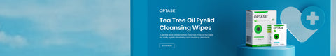 Packaging of Optase Tea Tree Oil Eyelid Cleansing Wipes is displayed on a blue background. The text describes the product as gentle and soothing for daily eyelid cleansing. A heart with a medical cross symbol is visible in the background.