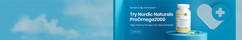 A bottle of Nordic Naturals ProOmega 2000 sits on a blue platform with omega-3 capsules nearby. The text reads, Try Nordic Naturals ProOmega 2000. High-Potency Omega-3 for Optimal Health. Shop Now. A heart and medical cross are in the background.