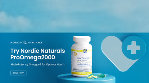 A bottle of Nordic Naturals ProOmega 2000 sits on a blue platform with two omega-3 capsules nearby. The background features a heart shape with a medical cross. Text reads: Try Nordic Naturals ProOmega 2000. High-Potency Omega-3 for Optimal Health.