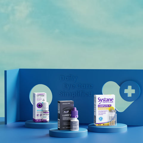 Eye care products displayed on blue platforms with a background text reading Daily Eye Care Simplified. Products include Optase, Lumify, and Systane, set against a soft blue sky backdrop.