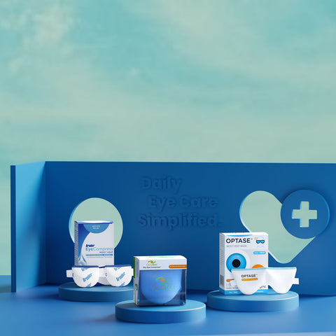 A display of eye care products on blue platforms against a blue backdrop. Items include eye compresses and eye drops, with text in the background reading, Daily Eye Care Simplified. A heart and medical cross symbol are visible.