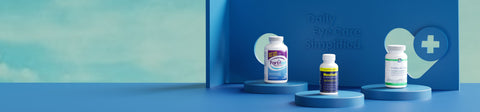 Three eye care supplement bottles displayed on blue podiums against a backdrop reading Daily Eye Care Simplified, with a heart and medical cross symbol in the background.