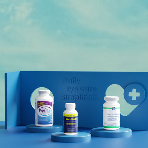 Three bottles of eye care supplements are displayed on a blue stand. Behind them, a blue backdrop features a heart with a cross and the words Daily Eye Care Simplified. The sky-blue and teal color scheme adds a calming effect.
