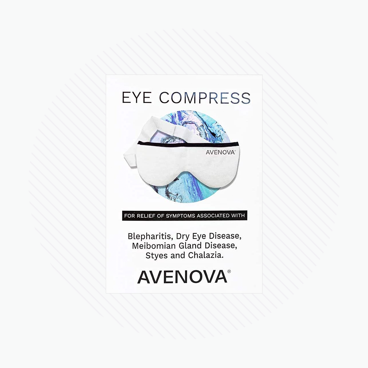 NovaBays Avenova Microwavable Heat Eye Compress Mask helps relieve blepharitis, dry eyes, meibomian gland disease, styes, and chalazia with a reusable blue and white design for comfort.
