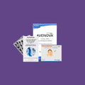 An Avenova Bundle on a purple background, including NovaBays Hypochlorous Spray, NovaWipes, and Omega-3 Vitamins (Professional Strength), ideal for blepharitis relief and eye health.