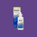 The Bausch & Lomb Boston Advance Conditioning Solution, 3.5oz bottle for gas permeable lens users, features a multi-polymer cushioning system for disinfecting, conditioning, and wetting. Both the bottle and packaging rest against a purple backdrop.