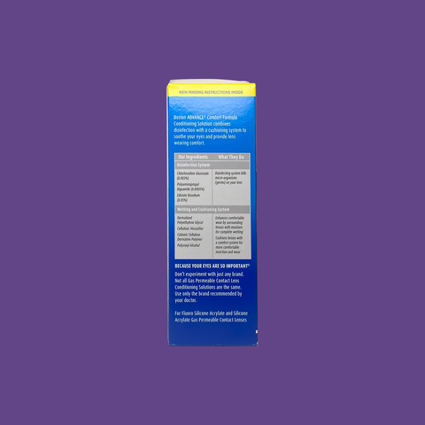 Set against a purple backdrop, the Bausch & Lomb Boston Advance Conditioning Solution, 3.5oz package features a distinctive blue design with a yellow cap. Its text details ingredients and benefits for gas permeable lens users, showcasing its multi-polymer cushioning system for enhanced eye care.