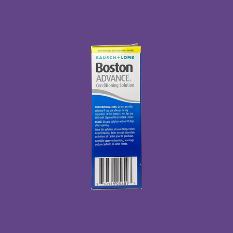 The 3.5oz Boston Advance Conditioning Solution by Bausch & Lomb is set against a purple background, highlighting its multi-polymer cushioning system. The packaging provides crucial instructions for use and storage, making it perfect for gas permeable contact lens wearers.