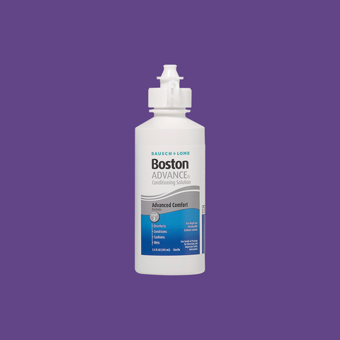 The Bausch & Lomb Boston Advance Conditioning Solution, 3.5oz, in a white bottle with distinct blue and purple accents, features a multi-polymer cushioning system for enhanced comfort in gas permeable lens wearers.