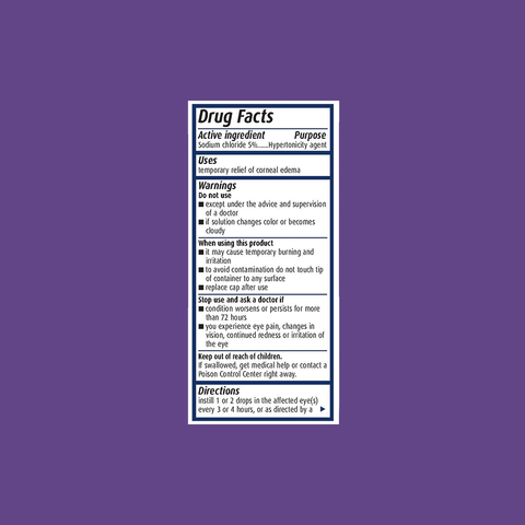 A purple-background drug facts label details Muro 128 by Bausch + Lomb. The hypertonicity agent for corneal edema lists the active ingredient Sodium Chloride 5%, plus its uses, warnings, and instructions.