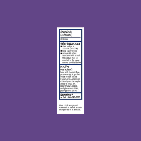 A purple rectangular label for Muro 128 Eye Drops by Bausch + Lomb lists drug facts, including inactive ingredients like 5% Sodium Chloride. For questions, call 1-800-323-0000. It provides temporary relief for Corneal Edema and is a trademark of Bausch & Lomb Incorporated.