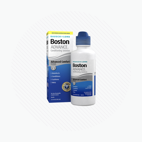 Displayed are a bottle and box of Bausch & Lombs Boston Advance Conditioning Solution, 3.5oz, designed for gas permeable lenses with an Advanced Comfort label featuring a multi-polymer system to disinfect, condition, cushion, and wet lenses.