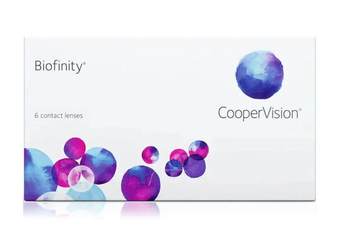 The Biofinity® 6 Pack Monthly contact lenses by CooperVision feature blue and purple watercolor circles on the box, with Biofinity and 6 contact lenses displayed, emphasizing Aquaform® Technology for extended comfort.