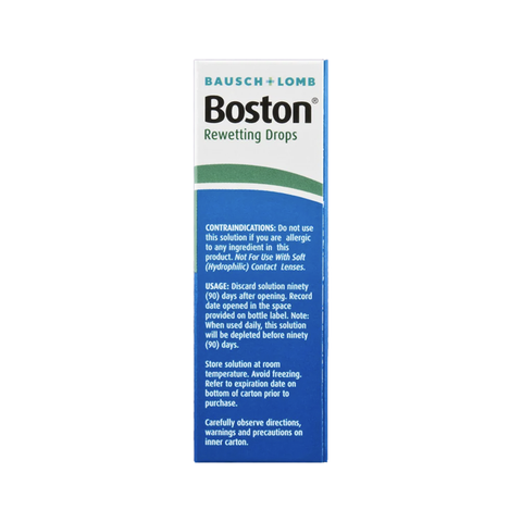 The image shows a box of Boston Rewetting Eye Drops for Gas Permeable Contact Lenses, 0.33 Fl Oz by Bausch + Lomb, with white and blue packaging featuring usage instructions, storage info, and contraindications in highlighted blue and green text.