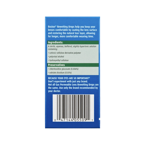 The image shows the back of a blue box of Bausch + Lomb Boston Rewetting Eye Drops for Gas Permeable Contact Lenses, 0.33 fl oz, listing ingredients and preservatives with a barcode at the bottom. It emphasizes using only doctor-recommended brands to maintain optimal lens wettability.