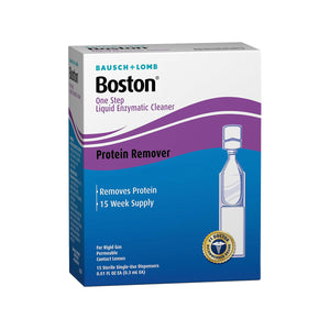 Image of a Bausch + Lomb Boston One Step Liquid Enzymatic Cleaner box for rigid gas permeable lenses. It highlights Protein Remover with a 15-week supply. Blue and purple packaging includes a vial illustration, emphasizing effective protein removal.