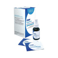 Box labeled Bruder Hygienic Eyelid Cleansers Combo Pack (Spray & Wipes) includes a brown spray bottle of hypochlorous acid solution with a white nozzle, blue label, and two cleansing wipe packets to emphasize eyelid hygiene.