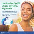 A woman smiles outdoors, showing the convenience and comfort of Bruder Hygienic Eyelid Cleansers Combo Pack (Spray & Wipes) for eyelid hygiene, with a small image of the packaging emphasizing its effective hypochlorous acid solution.