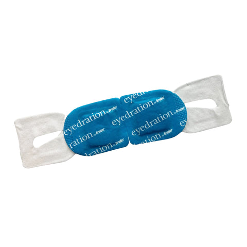 The Bruder Eyedration Air-Activated Steam Mask comes in a blue design with eyedration branding. It features two connected pads, white fabric extensions, and slits for easy head securing, providing relief for dry eyes (10 mask pack).