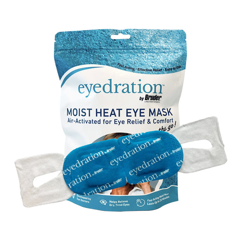 The Bruder Eyedration Steam Mask (10 Pack) packaging shows a blue heated eye mask with white straps, highlighting air-activated moisture for dry eyes relief, ideal for on-the-go use.