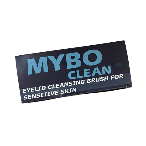Dark rectangular packaging with MyboClean in bold blue text and Daily Eyelid Cleansing Brush for Sensitive Skin (Pack of 4) in white on the front ensures optimum eyelid hygiene and gentle care, set against a white background.