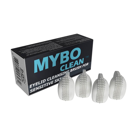 A box labeled MyboClean Daily Eyelid Cleansing Brush for Sensitive Skin is beside four white brushes, ideal for eyelid hygiene. The background is plain white.