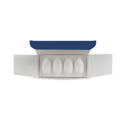 Open white box with a navy lid, containing four MyboClean Daily Eyelid Cleansing Brushes for Sensitive Skin, each standing upright in individual slots.