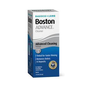 The Boston Advance Cleaner Solutions for Gas Permeable Contact Lenses by Bausch + Lomb comes in a blue and white package highlighting its Advanced Cleaning Formula. It efficiently removes debris and lipid deposits, is tinted for faster rinsing, and contains 1 fl oz (30 mL).