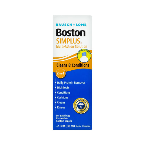 The Bausch + Lomb Boston Simplus Multi-action Rigid Gas Perm Solution (3.5oz) features bold blue and white colors, highlighting its functions: daily protein remover, disinfects, conditions, cushions, cleans, and rinses. Ideal for RGP lens users seeking comprehensive care.