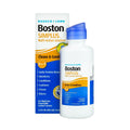 A 3.5oz bottle of Boston Simplus Multi-action Rigid Gas Perm Solution by Bausch + Lomb is displayed in front of its box, highlighting the 2-in-1 cleaning and conditioning feature for RGP lenses with white packaging accented in blue and yellow, ideal for scleral lenses.