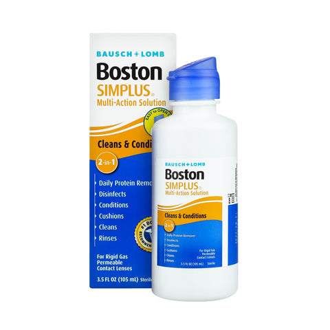 A 3.5oz bottle of Boston Simplus Multi-action Rigid Gas Perm Solution by Bausch + Lomb is displayed in front of its box, highlighting the 2-in-1 cleaning and conditioning feature for RGP lenses with white packaging accented in blue and yellow, ideal for scleral lenses.