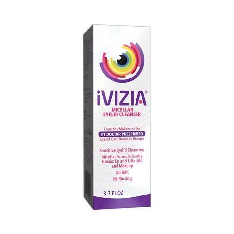 A box of Theas iVIZIA Micellar Eyelid Cleanser features a colorful swirl logo. As Europes #1 doctor-prescribed brand, it gently cleanses sensitive eyelids without rinsing. The 3.3 fl oz bottle contains a soothing micellar formula perfect for delicate care.