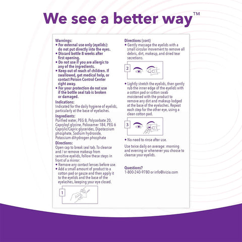 Theas iVIZIA Micellar Eyelid Cleanser label features usage directions, ingredients, and warnings in a purple abstract design with the slogan We see a better way. Its micellar formula is perfect for sensitive eyelids, gently removes makeup, and is preservative-free and rinse-free.