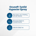 The OCuSOFT HypoChlor Spray Eyelid & Eyelash Cleaner (2 oz) bears the text: Non-toxic, non-irritating, and all-natural, alongside icons stating its benefits: Removes Debris & Contaminants and Safe for Daily Use. Ideal for eye hygiene with hypochlorous acid.