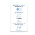 An image of the ACUVUE RevitaLens Multi-Purpose Solution (4oz + Lens Case) by Johnson and Johnson displays text highlighting features: Dual-Disinfecting Technology eliminates bacteria, All-Day Comfort, Ideal for Leading Contacts, and Convenient Flip Cap! with blue icons illustrating each point.
