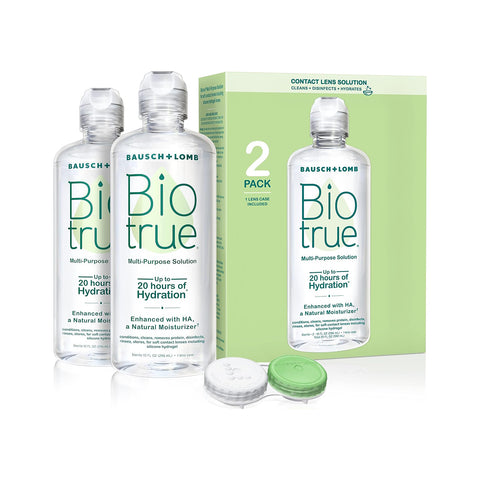 Two bottles of Biotrue Multi-Purpose Contact Lens Solution by Bausch + Lomb (10oz each) stand beside a green and white 2 Pack box, with a contact lens case in front, ideal for silicone hydrogel lenses and ensuring optimal hydration.