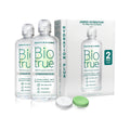 Two bottles of BioTrue Multi-Purpose Contact Lens Solution with Hydration Plus by Bausch + Lomb are shown next to a box and lens case. The packaging highlights benefits such as enhanced moisture with Hyaluronan, electrolytes, and antioxidants.