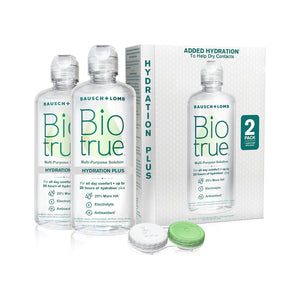Two bottles of BioTrue Multi-Purpose Contact Lens Solution with Hydration Plus by Bausch + Lomb are shown next to a box and lens case. The packaging highlights benefits such as enhanced moisture with Hyaluronan, electrolytes, and antioxidants.